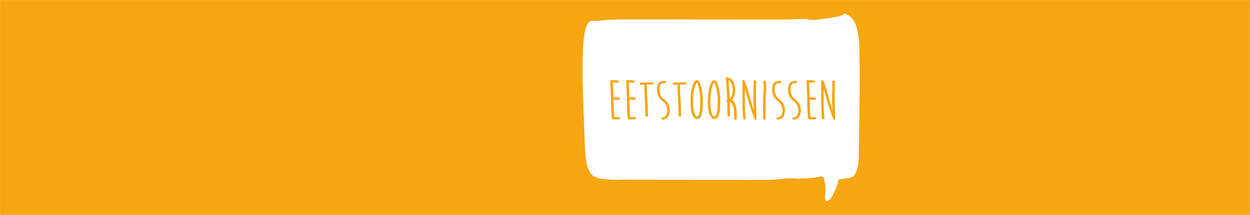 Oranje header met een wit spreekwolkje met de tekst 'eetstoornissen' in oranje letters