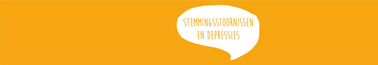 Gele header met een wit spreekwolkje met de tekst 'stemmingsstoornissen en depressies' in gele letters