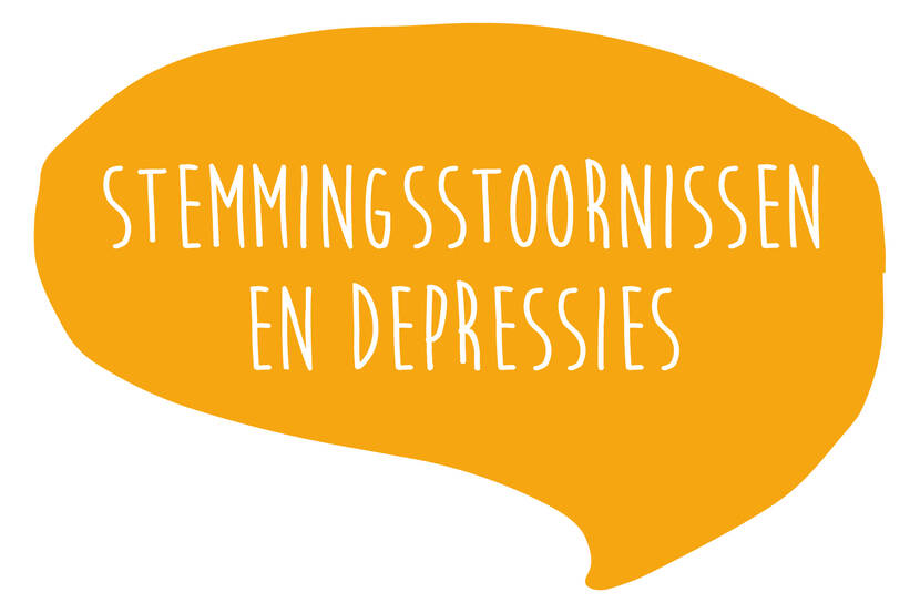 Geel spreekwolkje met de tekst 'stemmingsstoornissen en depressies' in witte letters
